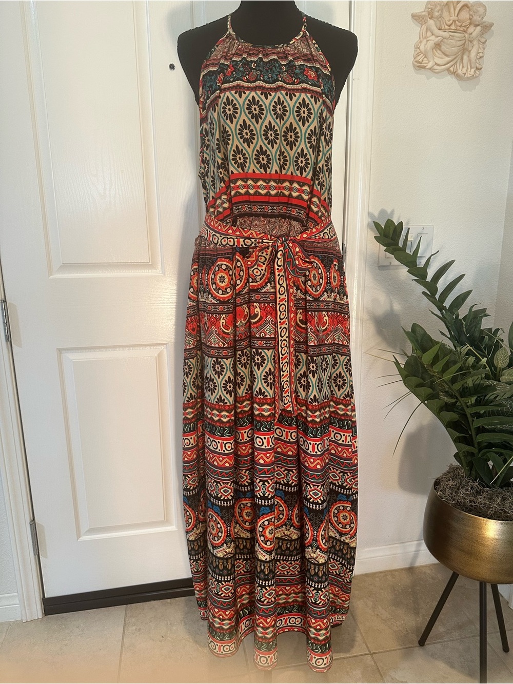 Boho Halter Maxi 3xl Dress in Red and Cream